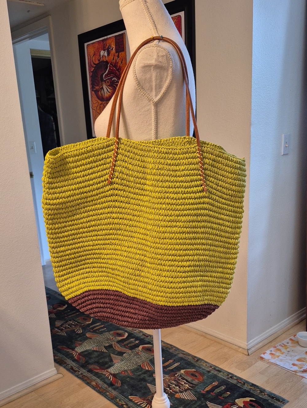Bujibaja Green & Brown 100% Paper Beach Tote Bag Weaved Crochet